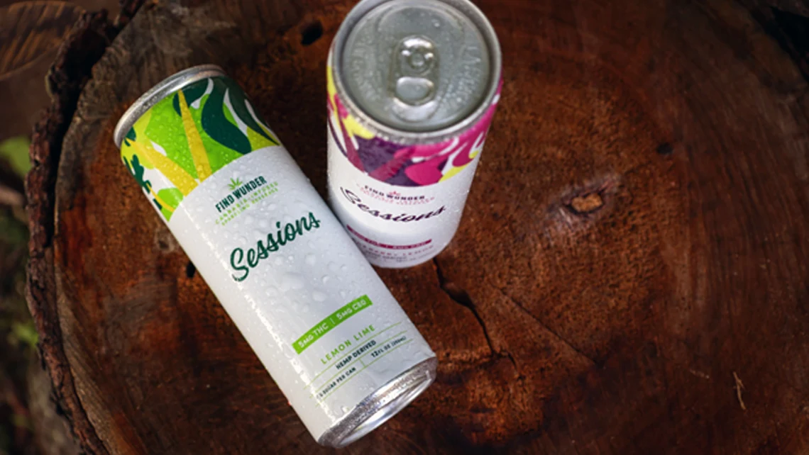 Two cans of Wunder Sessions microdosed weed drinks, Lemon Lime and Blackberry Lemon